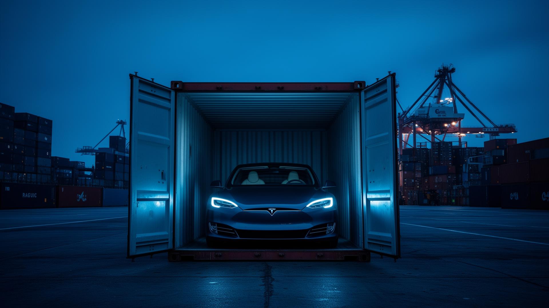 Tesla in shipping container